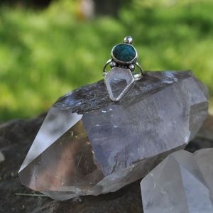 Carved Turquoise/Fluorite Sterling Silver Ring-7.5
